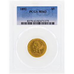 1892 $5 Libertry Head Half Eagle Gold Coin PCGS MS63