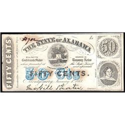 1863 Fifty Cents The State of Alabama Obsolete Note