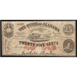 1863 Twenty-Five Cents The State of Alabama Obsolete Note