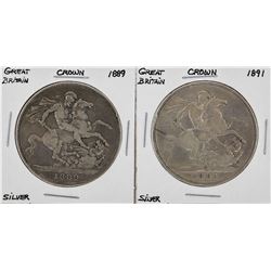 1889 and 1891 Great Britain Crown Silver Coins