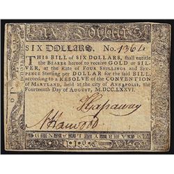 August 14, 1776 $6 Maryland Colonial Currency Note