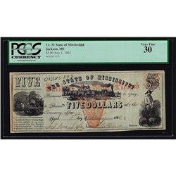 1862 $5 State of Mississippi Obsolete Bank Note PCGS VF30