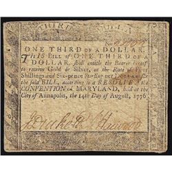August 14, 1776 $1/3 Maryland Colonial Currency Note