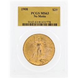 1908 $20 St. Gaudens Double Eagle Gold Coin PCGS MS63 No Motto