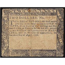 August 14, 1776 $2 Maryland Colonial Currency Note