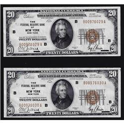 (2) Consecutive 1929 $20 Federal Reserve Bank of New York NY National Currency N