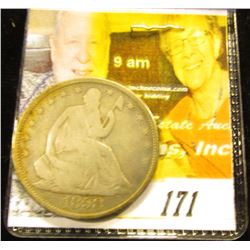 1858 New Orleans Mint U.S. Seated Liberty Half-Dollar, VG with a scratch on the obverse.