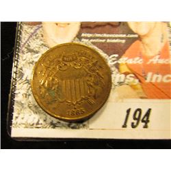 1865 U.S. Civil War Two Cent Piece, VF.