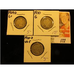 1909 D G, 1910 G, 1910 D VG+ Barber Dimes.