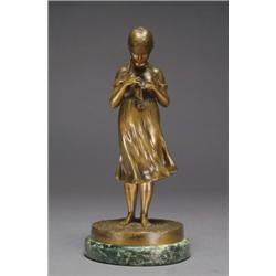 After Max Berner, YOUNG GIRL, a bronze study on a circular base and marble plinth; greenish bro...