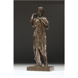 After the Antique, GRECIAN WOMAN, a bronze study of a standing woman with one hand holding drap...