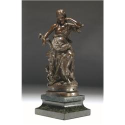 After August Moreau, CAPTIVE, a bronze study of a classically draped maiden seated on a floweri...