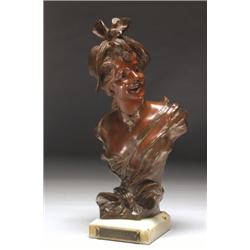 After Georges Vanderstraeten, MARIETTE, a bronze bust of a young woman; on square marble base;...