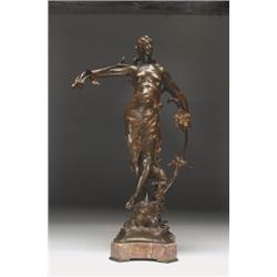 After Eugene Marioton, CLYTIE, a bronze study of a classically draped woman, standing with ar...