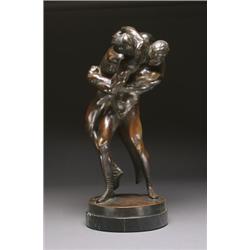 After Bruno Zach, (fl. early 20th century), WRESTLERS, a bronze study on an oval base and vei...