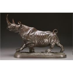 After IrTnTe Rochard, RHINOCEROS, a bronze study on an oblong base; dark brown patination, ht....