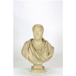 Jean Baptiste Baujault, (1828-1899), BUST OF A WOMAN, a carved marble study on integral squar...