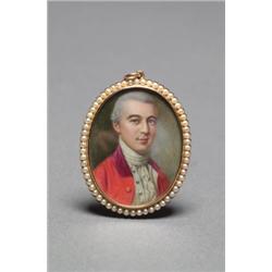 OVAL MINIATURE PORTRAIT OF A GENTLEMAN, painted in colours on ivory, contained in a seed pearl mo...