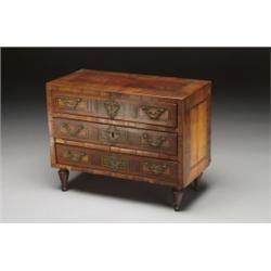 CONTINENTAL PARQUETRY INLAID WALNUT MINIATURE COMMODE, the rectangular top above three long drawe...