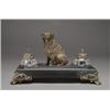 Image 1 : ENGLISH PATINATED BRONZE AND SLATE, INKSTAND, of rectangular shape on four moulded feet, fitted...