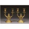 Image 1 : PAIR OF GILT BRASS, CANDELABRA, each with, flaming torch support issuing foliate scroll branc...