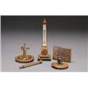 Image 1 : FIVE PIECES OF ENGLISH TUNBRIDGEWARE,, comprising: obelisk thermometer, taperstick, calling car...