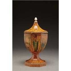 ENGLISH POLYCHROME DECORATED SATINWOOD TEA CADDY, of facetted urn form with ivory finial, painted...