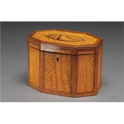 ENGLISH MAHOGANY AND CHEVRON BANDED, SATINWOOD TEA CADDY, of octagonal outline, the hinged cove...