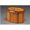 Image 1 : ENGLISH MAHOGANY AND CHEVRON BANDED, SATINWOOD TEA CADDY, of octagonal outline, the hinged cove...