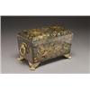 Image 1 : ENGLISH POLYCHROME DECORATED TOLEWARE TEA CADDY, of sarcophagus form, painted with foliage and fl...