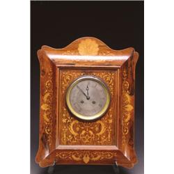 LATE VICTORIAN MARQUETRY INLAID ROSEWOOD WALL CLOCK, the French movement within a rectangular sur...
