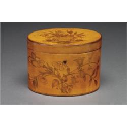 ENGLISH PENWORK, DECORATED HAREWOOD TEA CADDY, of oval outline, the cover with a basket of gard...