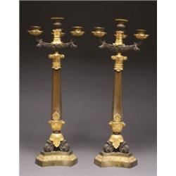 PAIR OF FRENCH PATINATED AND GILT BRONZE FOUR-LIGHT CANDELABRA, in the Empire style, each with co...