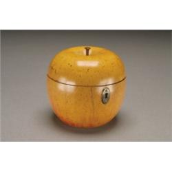ENGLISH APPLEWOOD TEA CADDY, formed as an apple with hinged cover, ht. 4.5" -, 11.5 cm., late 1...