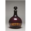 Image 1 : CONTINENTAL AMETHYST GLASS APOTHECARY DECANTER AND STOPPER, of bulbous shape with a painted label...