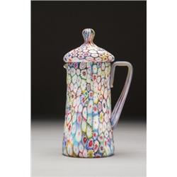 MILLE-FIORE GLASS, PITCHER AND COVER, of tapering cylinder form with pulled handle, ht. 9.3" -...