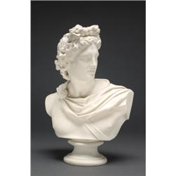 ENGLISH PARIAN BUST OF APOLLO BELVEDERE, after the Antique, raised on a socle base, published by...