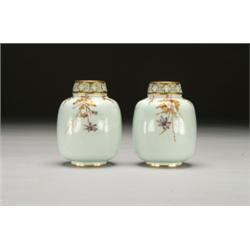 PAIR OF DERBY VASES, of shouldered ovoid shape with pierced collar painted in gilt, and colours...