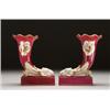 Image 1 : PAIR OF ENGLISH, PORCELAIN SPILL VASES, moulded as cornucopia with ram's head terminals on plin...