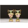 Image 1 : PAIR OF ENGLISH, PORCELAIN TWO-HANDLED VASES, painted with gilt-bordered panels of colourful ga...