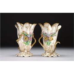 PAIR OF ENGLISH, PORCELAIN VASES, of flared form moulded with entwined, serpents and garden f...