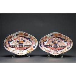 PAIR OF COALPORT JAPAN PATTERNED OVAL DISHES, painted in coloured enamels, underglaze blue and gi...