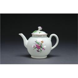 WORCESTER TEAPOT AND COVER, of globular shape with flower finial, painted in colours with sprays...