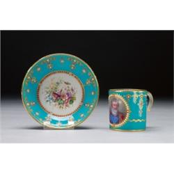 SEVRES 'JEWELLED' TURQUOISE-GROUND, PORTRAIT CUP AND SAUCER, painted on the cup with a portrait...