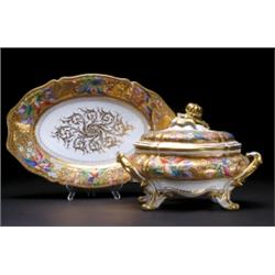 FRENCH PORCELAIN LARGE TUREEN, COVER AND STAND, of lobed oval form with moulded and gilt scroll h...
