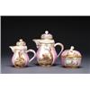 Image 1 : MEISSEN COFFEE SET, of melon shape painted in colours with panels of hunt scenes on pink scale gr...