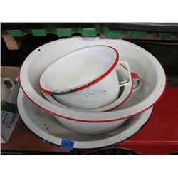 Lot enamel ware pans etc