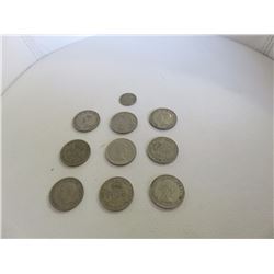 9 x 2 Shilling Coins from 40s and 60s & 1 x 6 Pence Coins