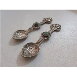 Vintage Mexican Silver Spoons with Green Stone Inlay