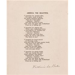 Author KATHERINE LEE BATES Signed Printed Poem: AMERICA THE BEAUTIFUL